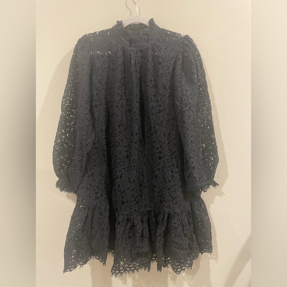 J Crew Black Lace Ruffle Balloon Sleeve Mock Neck Mini Dress - Picture 4 of 6